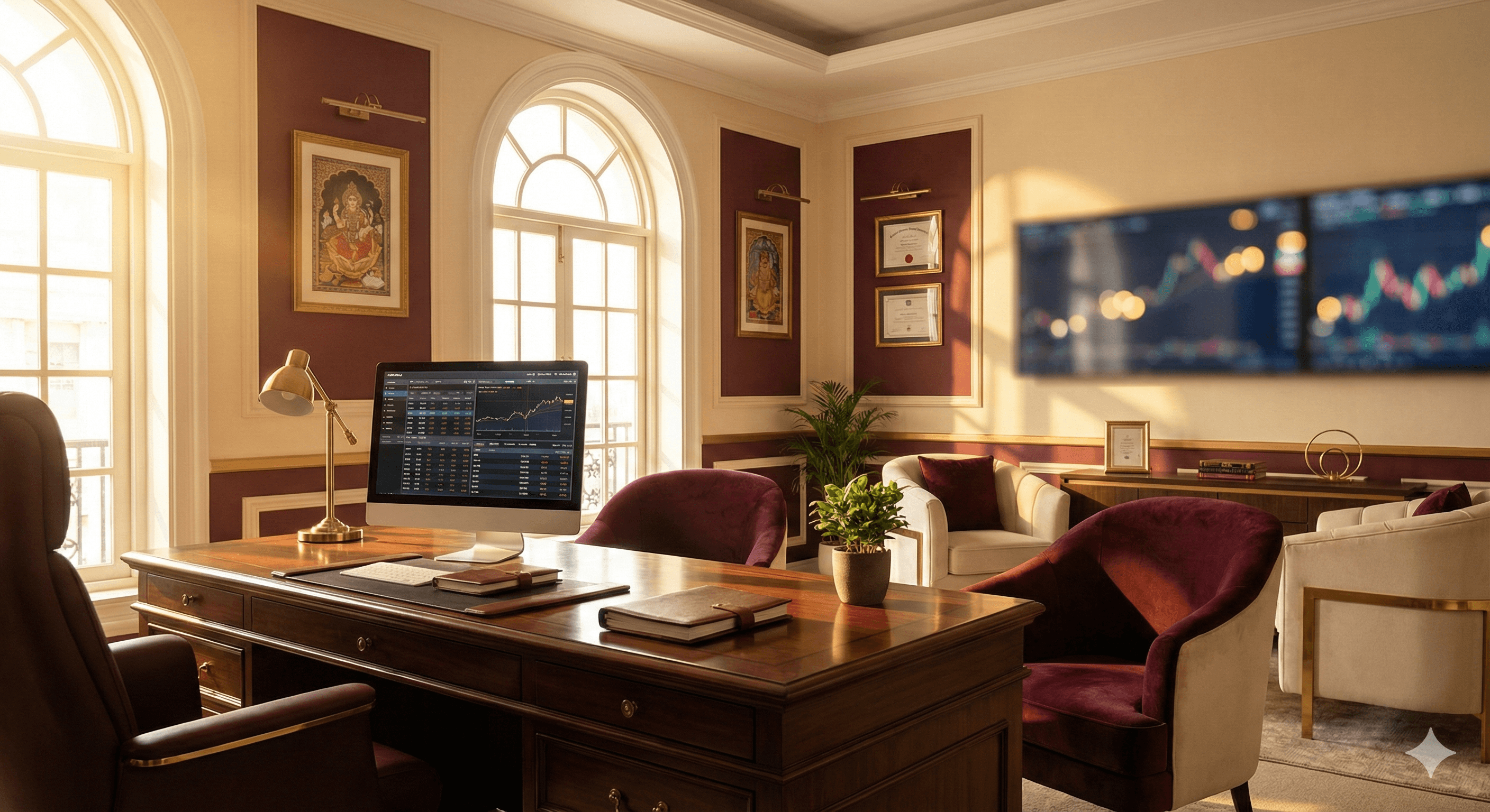 Classic trading desk with market screens